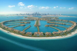 Envision the Palm Jumeirah, a man-made island in Dubai with luxurious resorts and private villas.